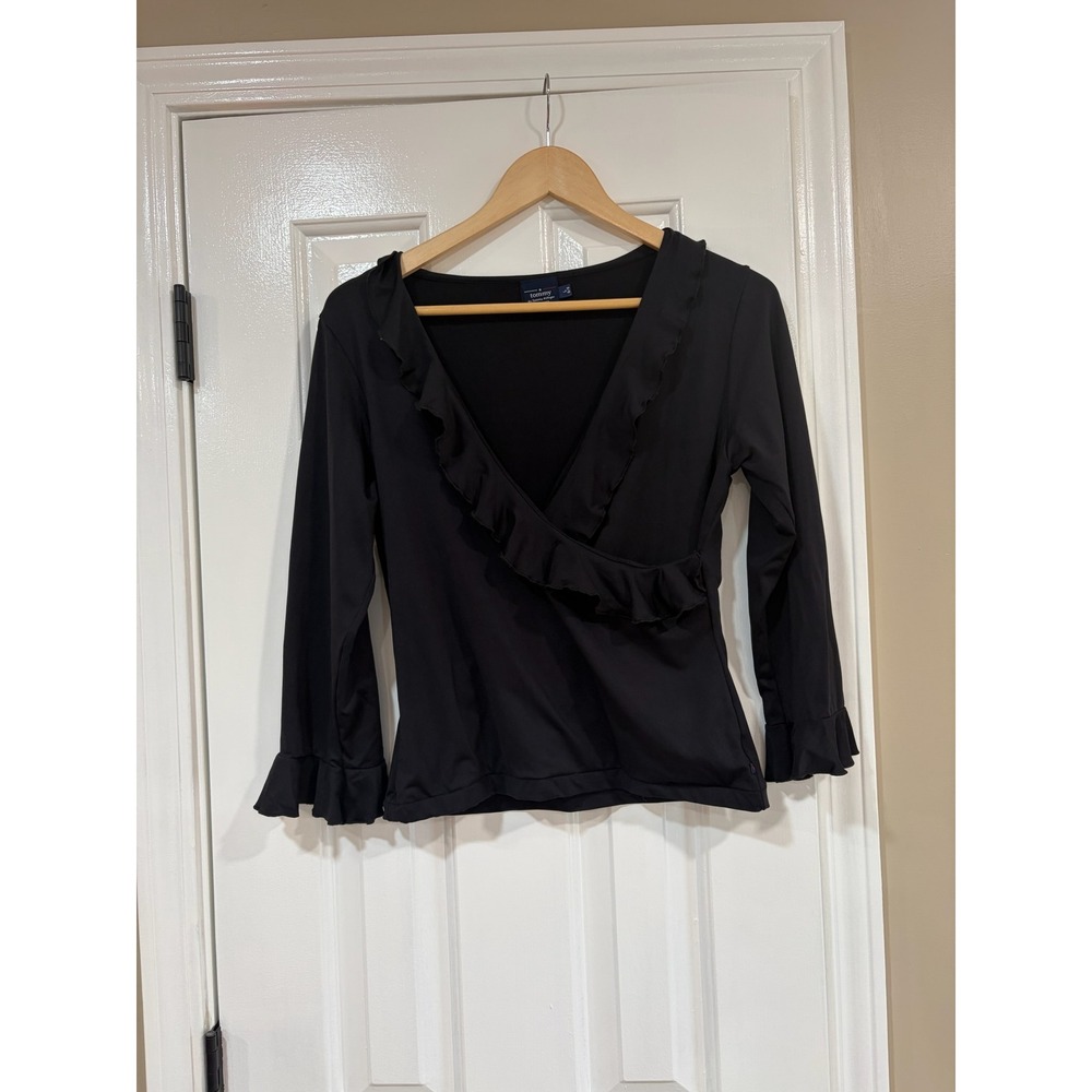 Tommy by Tommy Hilfiger Black Ruffle V-Neck Faux Wrap Top Long Sleeve Large